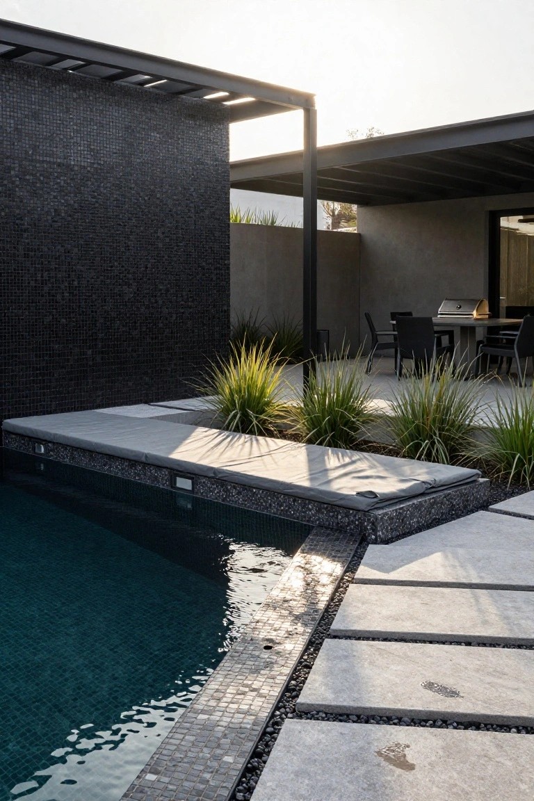 Modern inground pool with dark mosaic tiled edges and pebble border, light grey concrete deck slabs extending outward, covered ledge, adjacent outdoor dining table with chairs and barbecue under metal pergola, tall grasses along the side, black tiled wall backdrop.