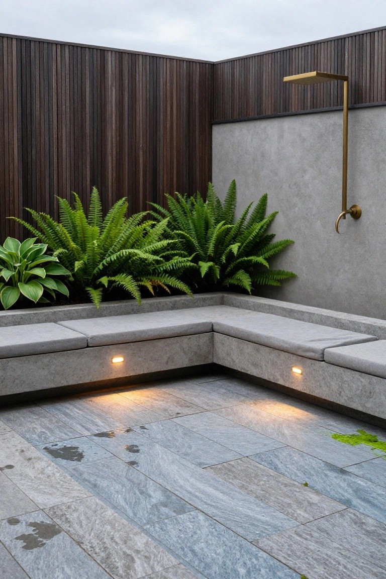 17 Modern Inground Pool Deck Ideas That Define Luxury Modern outdoor shower with concrete bench, ferns, and stone flooring.