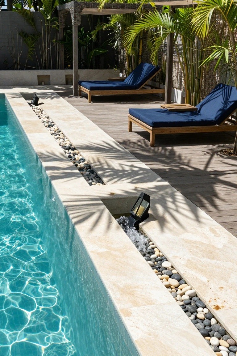 17 Modern Inground Pool Deck Ideas That Define Luxury Close-up of a pool edge with beige stone coping featuring a pebble-filled trough where water spills from the turquoise pool into gray and white river rocks, next to a wooden deck with blue sun loungers and palm tree shadows.