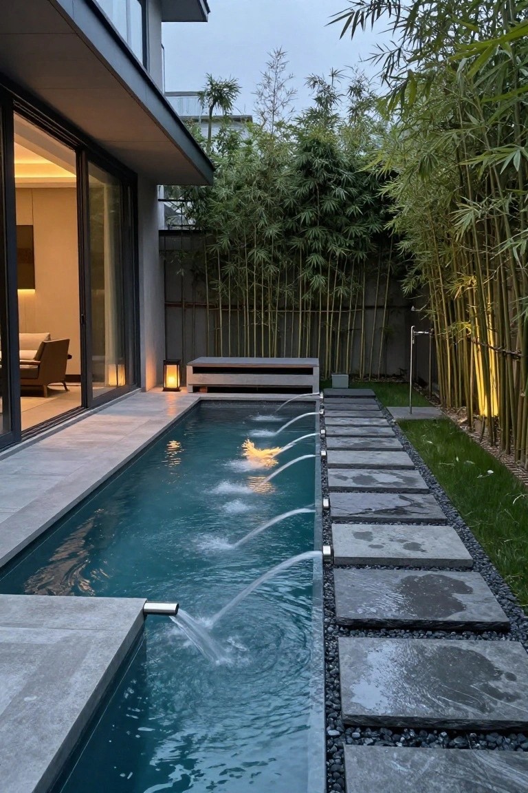 Narrow inground pool with multiple stainless steel spouts mounted on the gray concrete deck edge pouring water into the turquoise pool, alongside a pathway of dark stone slabs, bamboo screening, and glass doors from a modern house.