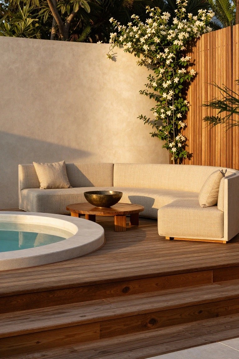 Round turquoise inground pool integrated into a light wooden deck with beige L-shaped sofa, wooden low table holding brass bowl, bamboo fence with white flowering vines, and beige stucco wall.
