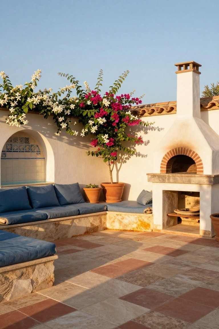 17 Modern Inground Pool Deck Ideas That Define Luxury Terracotta-tiled outdoor terrace featuring a white stucco wood-fired oven with chimney, built-in stone benches with blue cushions, potted plants, flowering vines on walls, and a small tiled pool niche.