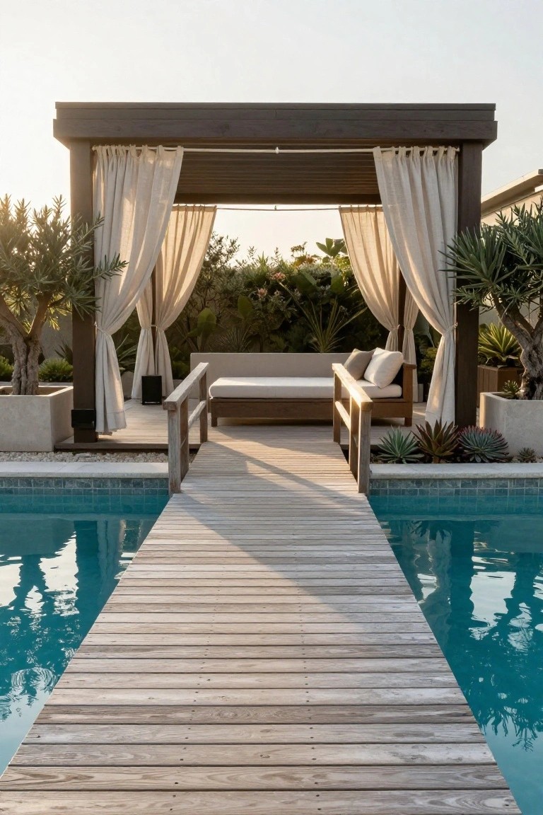 17 Modern Inground Pool Deck Ideas That Define Luxury Wooden walkway extends over edge of turquoise inground pool toward open pergola with beige curtains, neutral daybed sofa, and potted plants on surrounding deck.