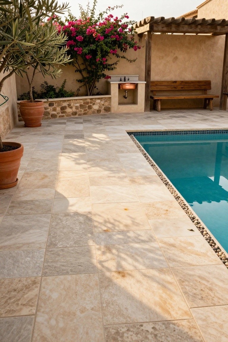 Pool deck paved with light beige rectangular travertine tiles bordering a turquoise pool with pebble edging, flanked by potted olive trees and plants, a wooden pergola with bench, and an outdoor sink against a stucco wall.