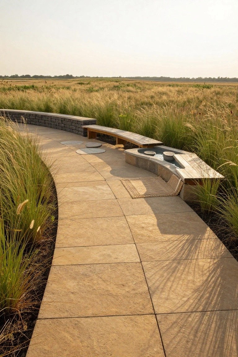 Curved beige stone pathway with low retaining walls, wooden benches, circular stone stepping areas, and a curved basin water feature surrounded by tall golden grasses in a marshy field landscape.