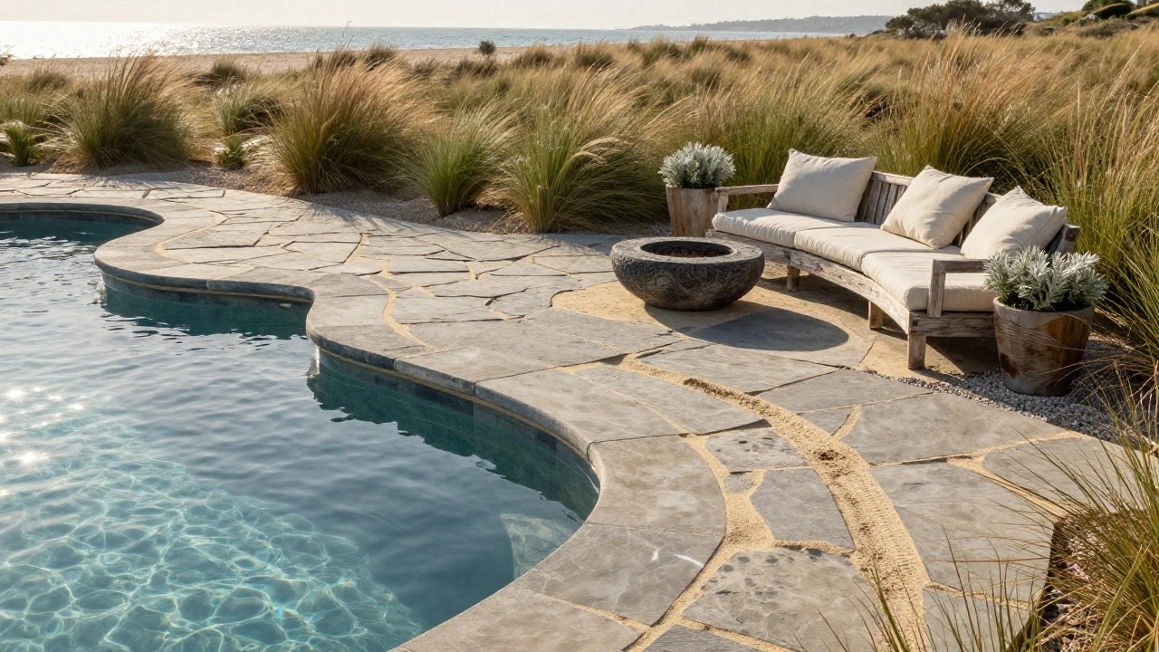 Curved turquoise pool edged with large irregular beige and gray stone slabs, adjacent to a wooden lounge chair, black fire pit, potted plants, beach grasses, and ocean dunes in the background.
