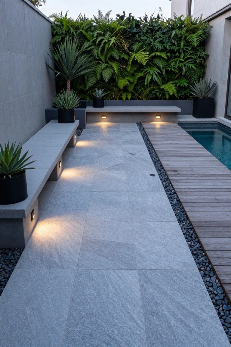 Narrow pool deck paved with large light grey stone tiles, built-in concrete benches with recessed lighting, potted agave plants, pebble border next to wooden decking, and lush green wall planting.