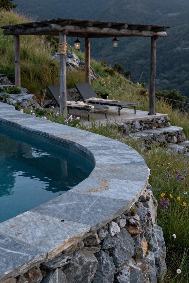 Curved turquoise infinity pool with gray slate coping and dry-stacked rock retaining walls on a wooden deck platform with loungers under a pergola, surrounded by grasses and wildflowers on a steep rocky hillside overlooking mountains.