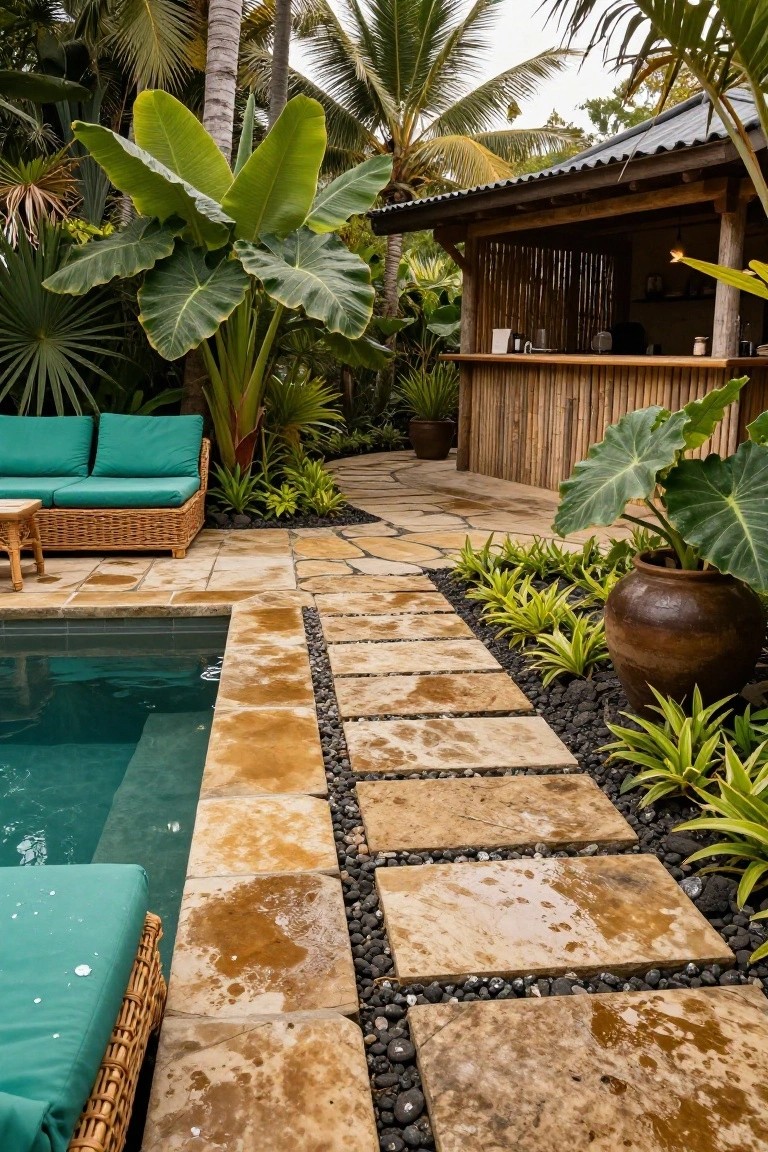 Outdoor pool area with large irregular beige stone slabs edged in black pebbles forming a path from teal lounge chairs past tropical plants to the pool edge, with a bamboo bar structure nearby.
