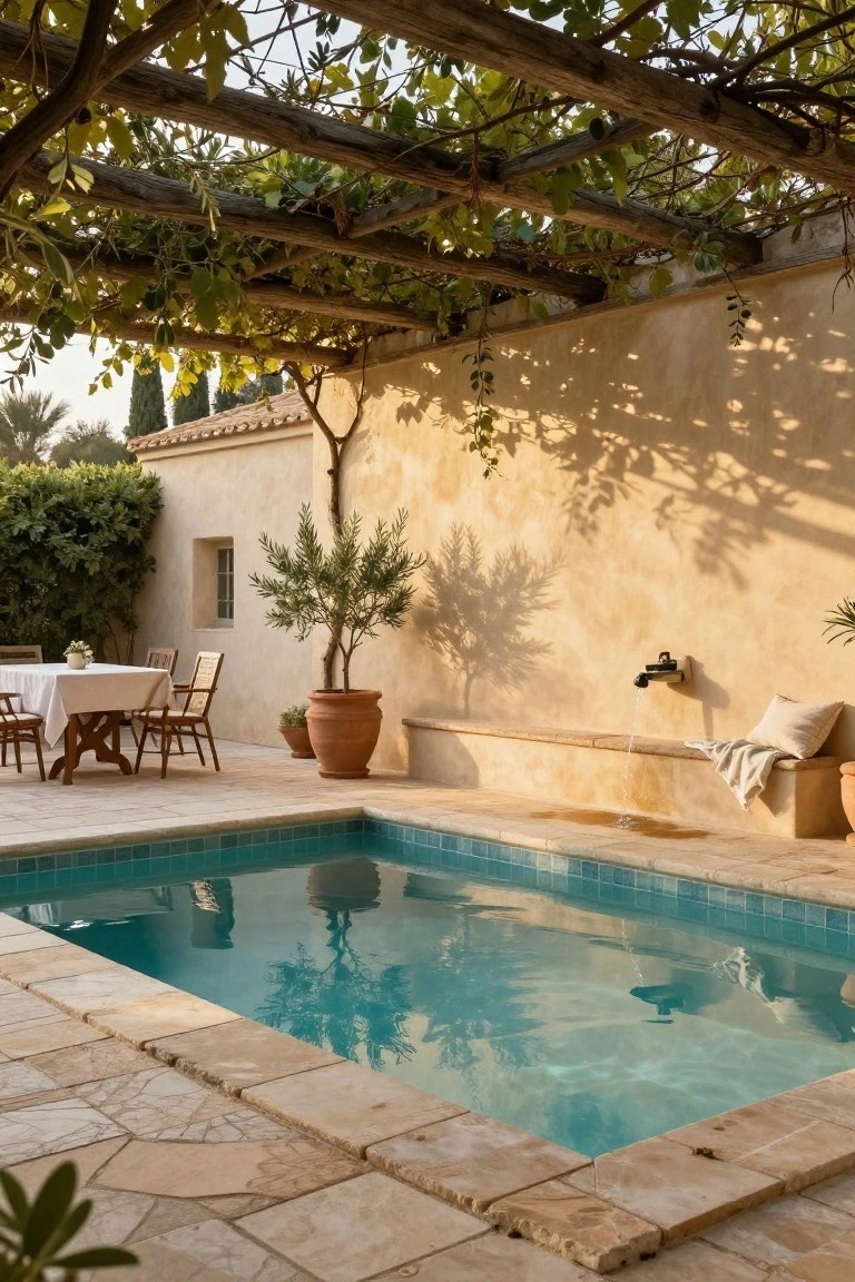 Small turquoise pool surrounded by irregular beige stone pavers on a terrace, with a wooden dining table and chairs, potted olive tree, built-in bench with cushions and throw, water faucet on beige stucco wall, and vine-covered wooden pergola overhead.