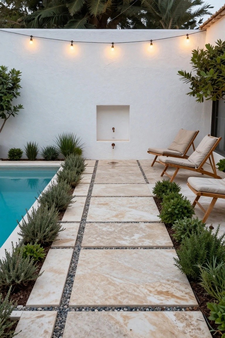 A narrow pool deck path made of light beige rectangular stone tiles separated by dark pebble strips, lined with lavender shrubs on one side next to a turquoise pool, wooden lounge chairs nearby, white stucco walls, and string lights overhead.
