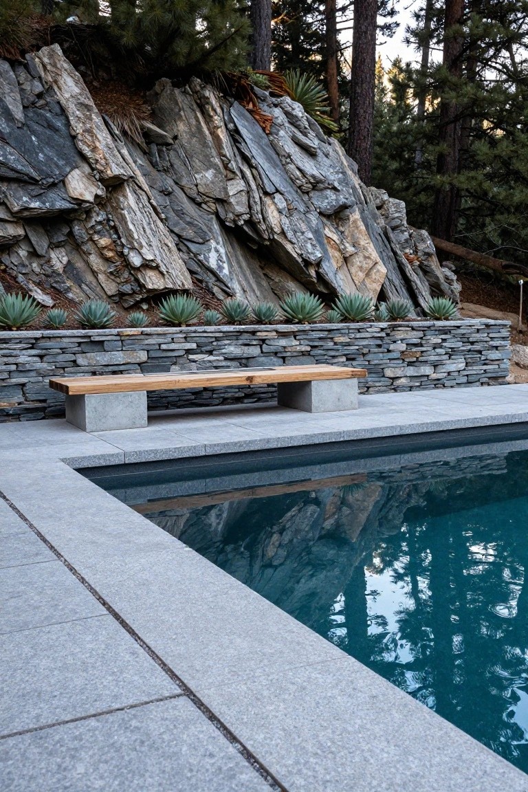 Gray stone pool deck with wooden bench on concrete supports next to a planted stone retaining wall, adjacent to a dark blue pool and rocky hillside with pine trees.