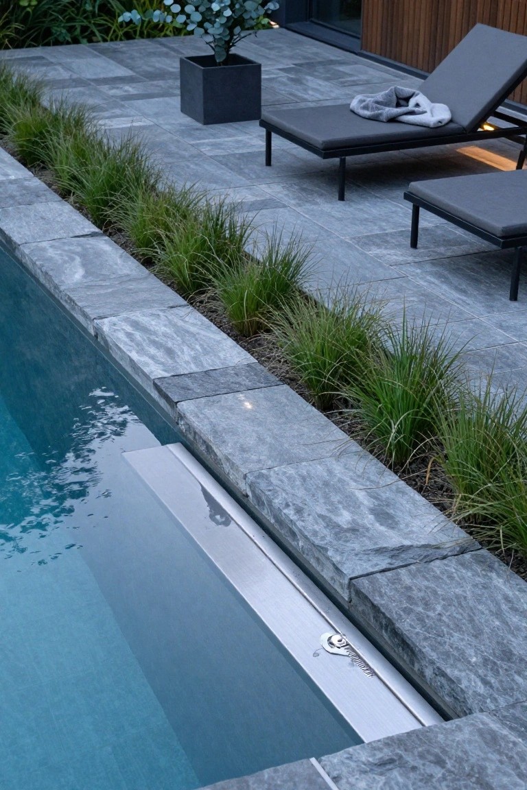 Close-up of a pool edge featuring gray textured stone slabs as coping and decking, a thin stainless steel channel at the waterline, tall green grasses planted along the border, and black lounge chairs nearby on the stone patio.