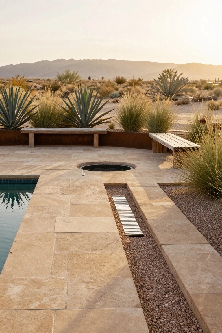Beige travertine tile pool deck with integrated circular fire pit, wooden benches on rusted metal planters, surrounding desert grasses and agave plants, and distant mountains at sunset.