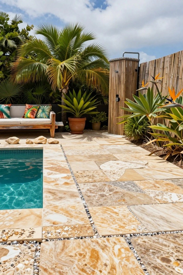 A turquoise pool surrounded by beige tumbled travertine pavers with pebble-filled joints, next to a wooden bench with colorful cushions, tropical palms, agave plants, and a bamboo outdoor shower enclosure.