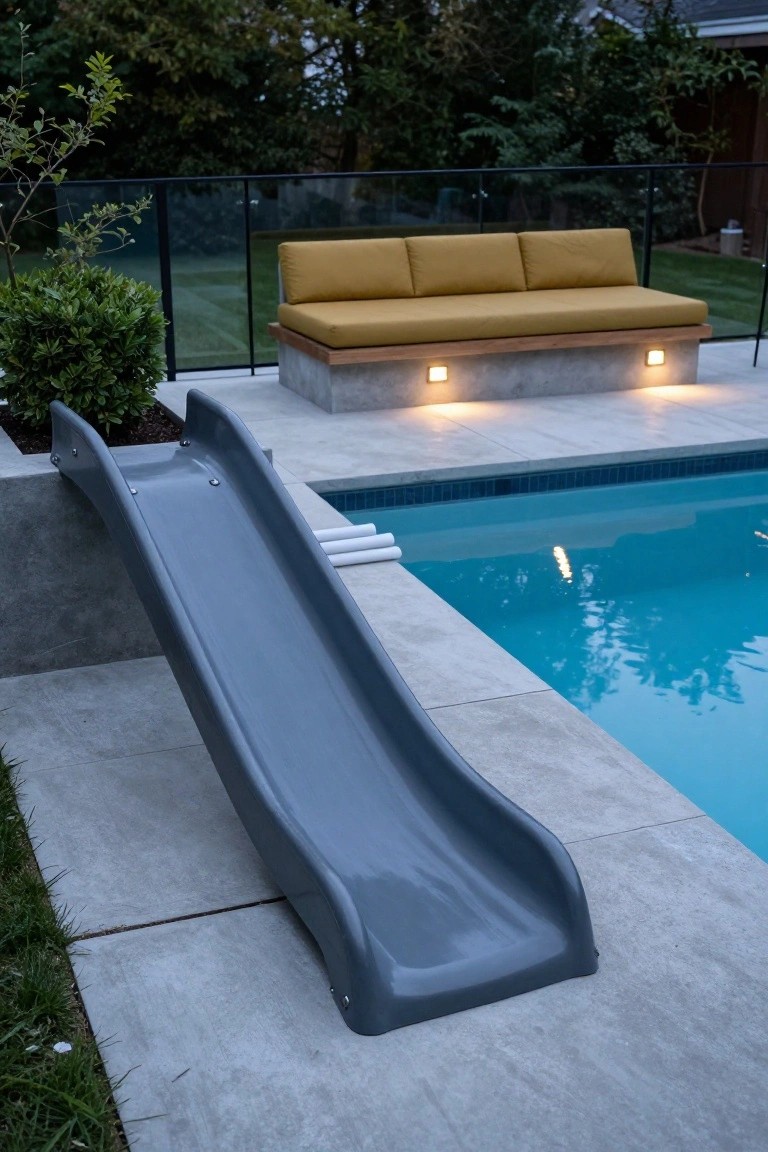 17 Playful Pool Deck With Slide Ideas Kids Will Love Gray slide on a concrete platform leading into a blue rectangular pool, with tiled decking, a yellow cushioned bench on a raised base, glass fencing, and plants around.