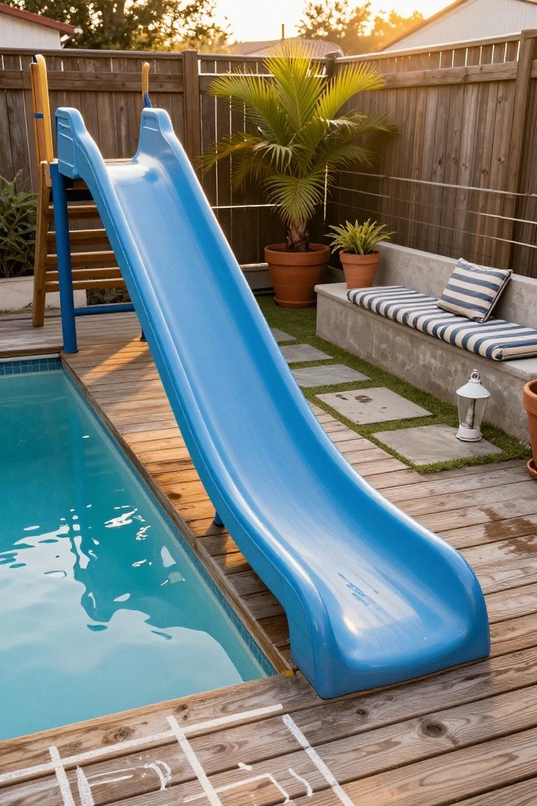 17 Playful Pool Deck With Slide Ideas Kids Will Love A blue plastic slide mounted on a wooden deck next to an in-ground pool, with potted plants, a bench seat, and a wooden fence in the background.