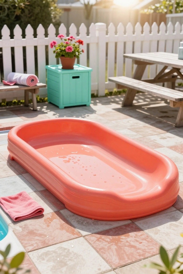17 Playful Pool Deck With Slide Ideas Kids Will Love Orange inflatable baby pool on a checkered tile pool deck beside towels, lounge chairs, a turquoise storage box, wooden picnic table, and edge of a larger pool, with white picket fence and plants around.