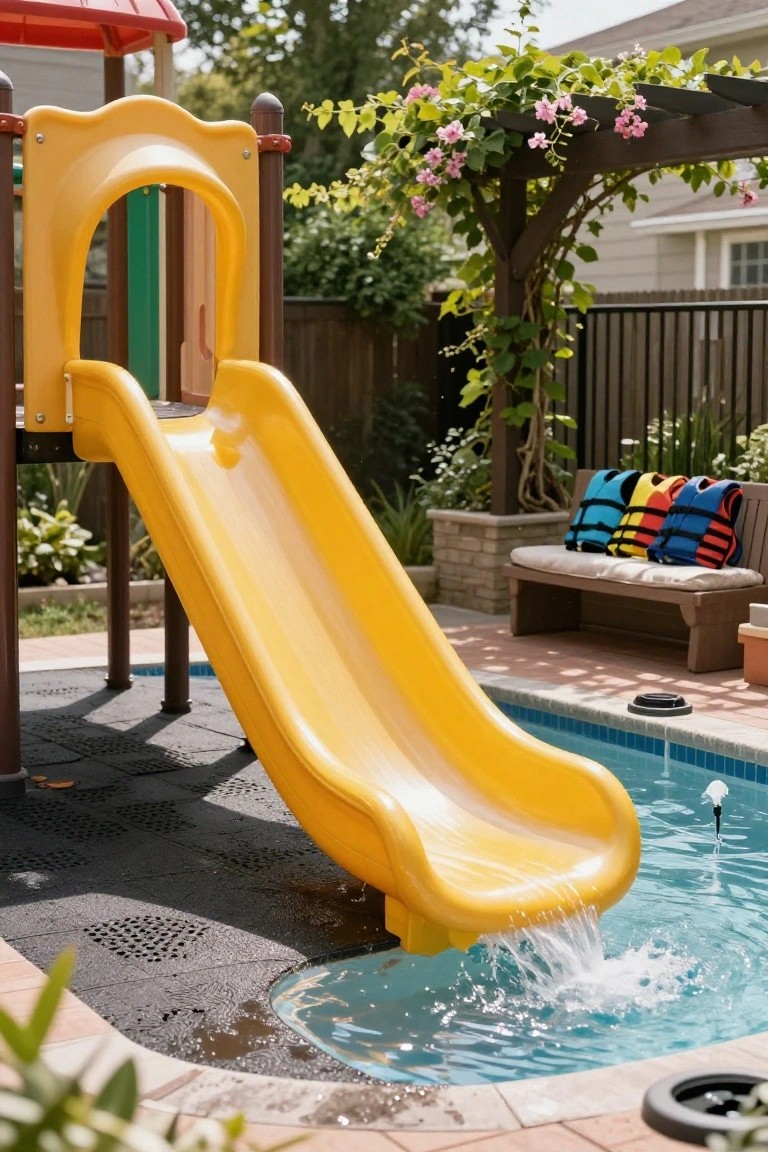 17 Playful Pool Deck With Slide Ideas Kids Will Love A yellow plastic playground slide on a rubber-matted pool deck, curving down to empty directly into a backyard swimming pool, with colorful life vests on a wooden bench nearby and garden plants around.