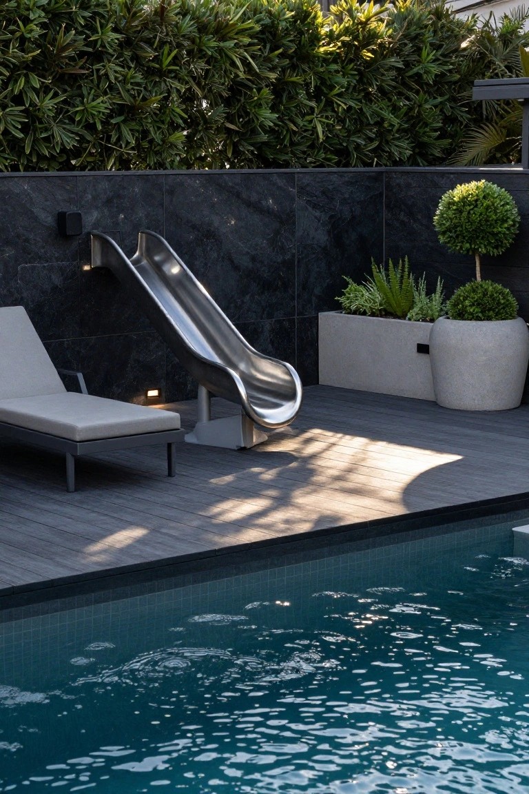 17 Playful Pool Deck With Slide Ideas Kids Will Love Pool deck with stainless steel slide mounted on black stone wall, gray lounge chair on dark wood decking, potted plants, and rectangular blue pool.