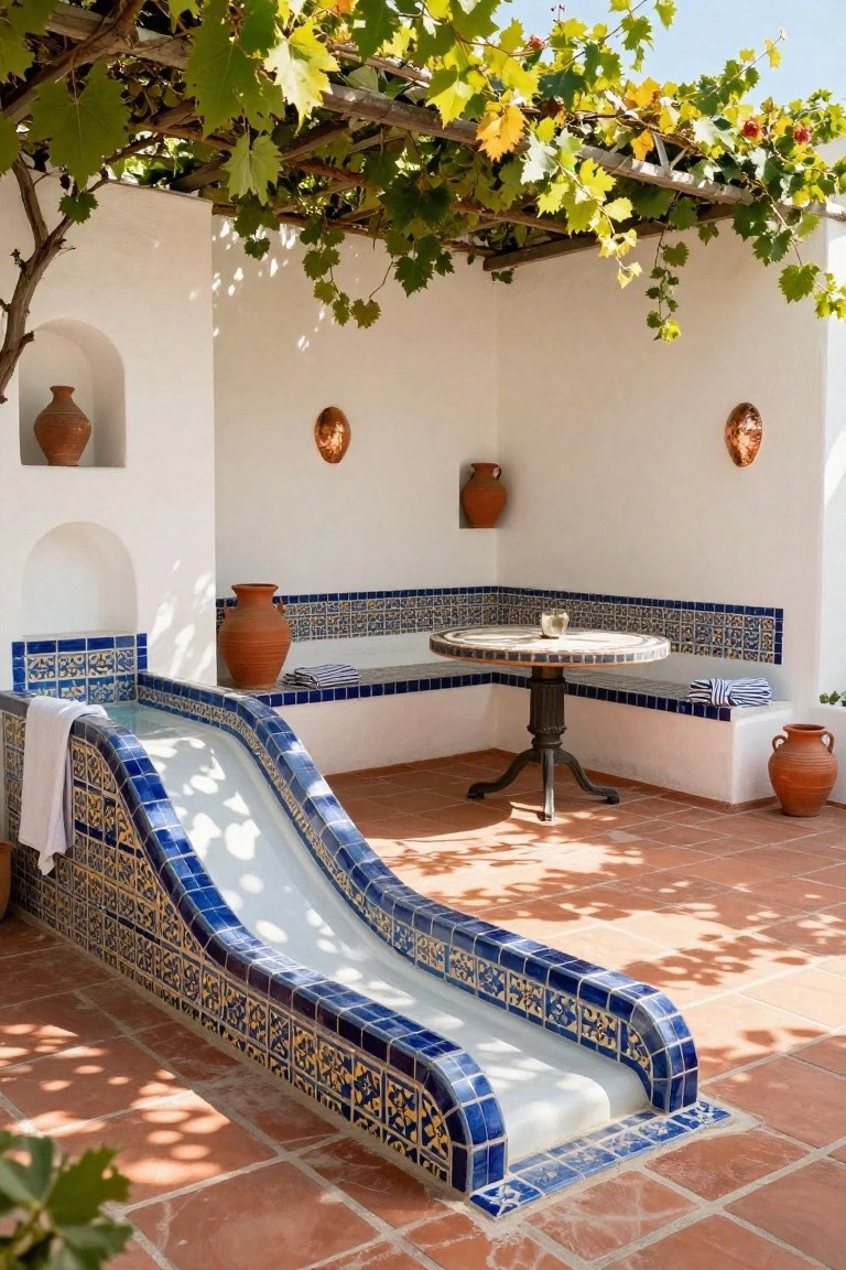 17 Playful Pool Deck With Slide Ideas Kids Will Love Sunlit outdoor patio with white stucco walls, vine-covered pergola, blue-tiled slide from a small pool to the deck, built-in benches around a round mosaic table, towels folded on seats, and terracotta pots.