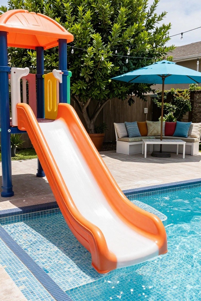 17 Playful Pool Deck With Slide Ideas Kids Will Love Colorful plastic playground slide positioned at the edge of a backyard swimming pool with tiled decking, surrounded by patio furniture, plants, and a blue umbrella.