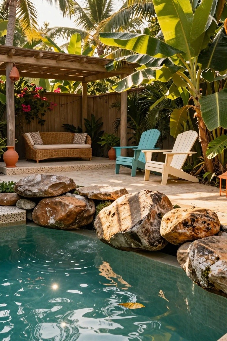 17 Playful Pool Deck With Slide Ideas Kids Will Love Turquoise swimming pool edged with large tan boulders on a tiled deck, next to a raised wooden platform under a pergola holding a rattan sofa and turquoise and white Adirondack chairs amid tropical plants and palms.