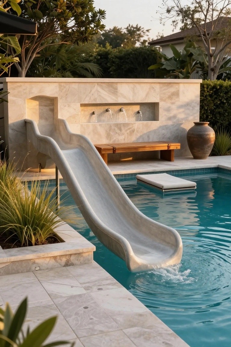 17 Playful Pool Deck With Slide Ideas Kids Will Love Curved white stone slide descending from a travertine wall into a turquoise pool, with wooden bench, plants, and water features nearby on a paved deck.