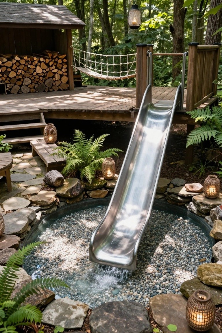 17 Playful Pool Deck With Slide Ideas Kids Will Love Wooden deck play structure featuring a metal slide ending in a circular shallow pool with pebbles and water, surrounded by ferns, rocks, lanterns, and trees in a backyard setting.