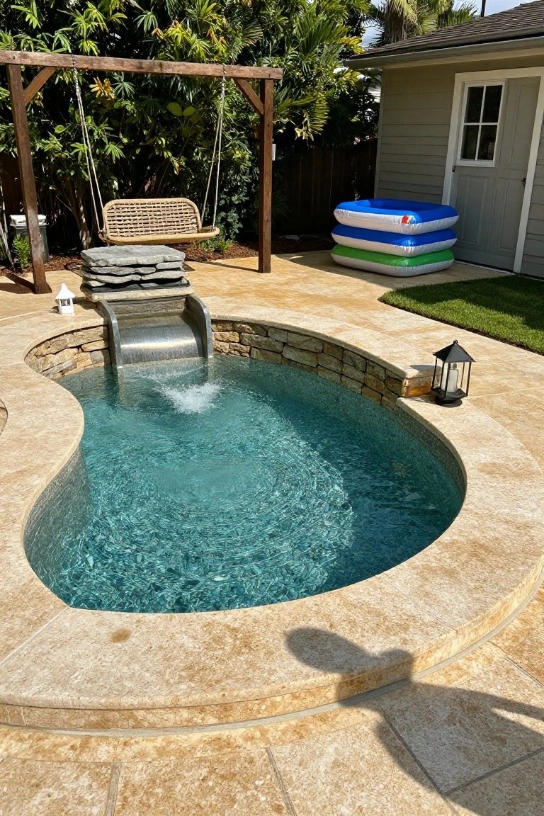 17 Playful Pool Deck With Slide Ideas Kids Will Love Small kidney-shaped turquoise pool with a stainless steel slide and waterfall, surrounded by beige travertine decking, a woven hanging swing on a wooden frame, stacked inflatable pools, lanterns, and tropical plants next to a gray shed in a backyard.