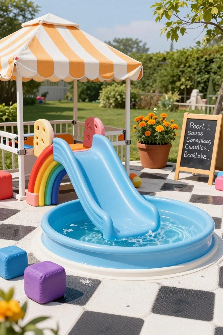 17 Playful Pool Deck With Slide Ideas Kids Will Love Blue inflatable wading pool with attached blue slide on a black and white checkered deck under an orange and white striped canopy, surrounded by colorful foam shapes, a rainbow climber, and potted plants in a garden setting.