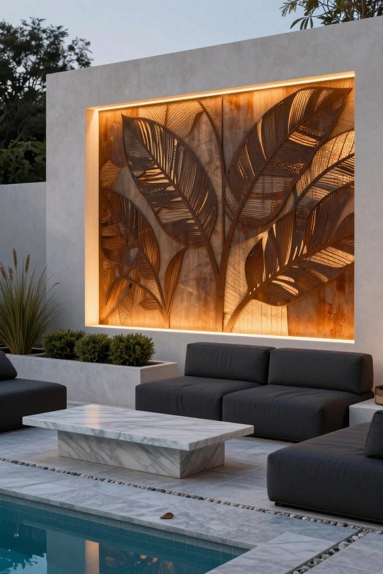 Pool deck lounge with black L-shaped sofa, white marble coffee table, potted grasses and boxwoods, large backlit metal leaf sculpture on light stucco wall, and blue-tiled pool edge with pebble border.