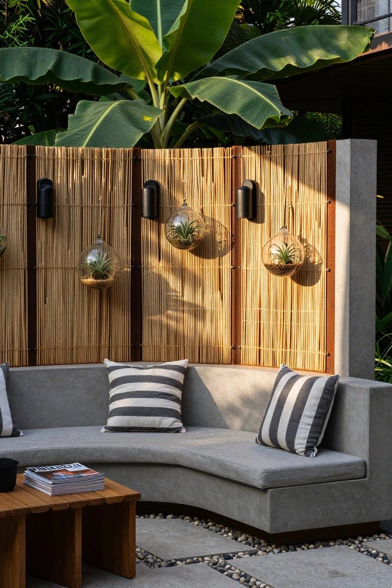 Curved concrete bench with striped pillows and wooden coffee table on a pebble stone patio, backed by tall bamboo screen fence with hanging glass terrariums containing succulents and black cylindrical lanterns, tropical plants and banana trees in background.