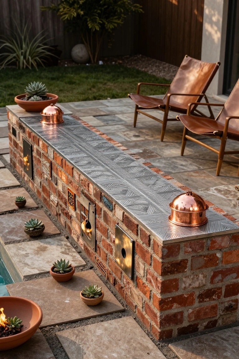 Brick outdoor kitchen with copper pots, succulents, and lounge chairs.