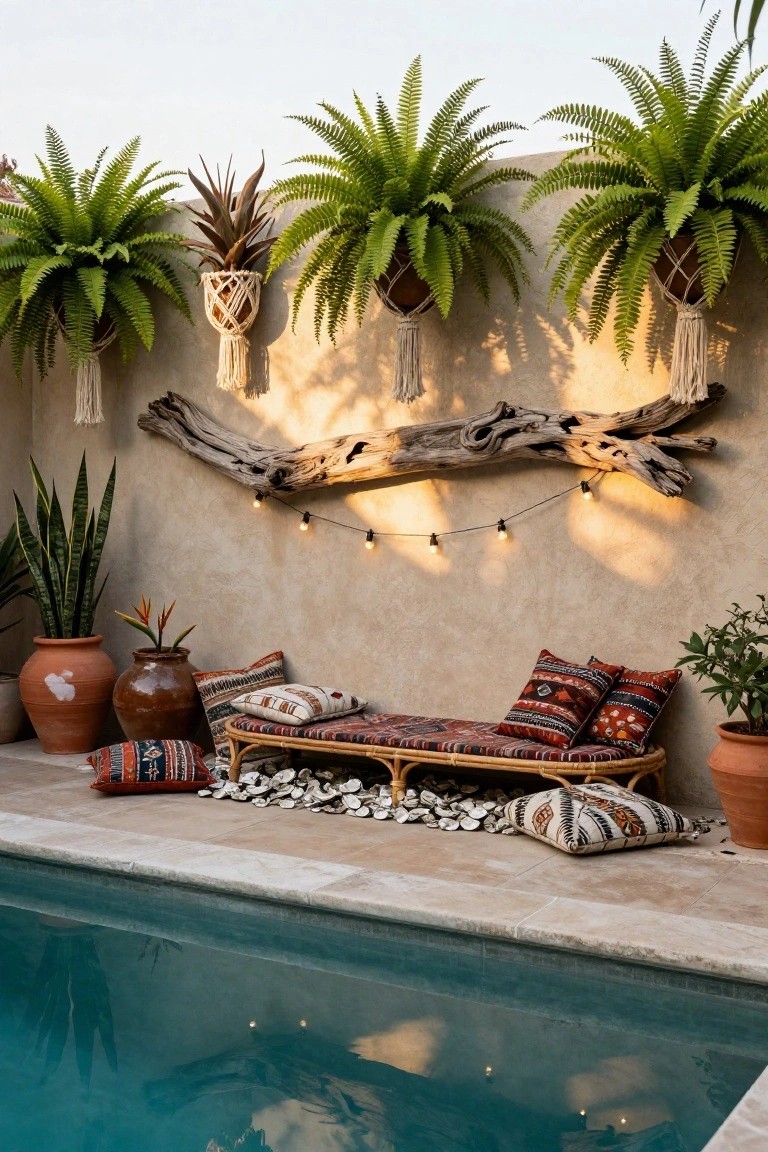 17 Unique Pool Deck Wall Decorating Ideas That Add Visual Interest Beige stucco wall beside an in-ground pool with a horizontal driftwood branch, macrame-hung green ferns, string lights, potted plants including snake plant and bird of paradise, and a rattan daybed with patterned cushions and pillows on the poolside tiles.