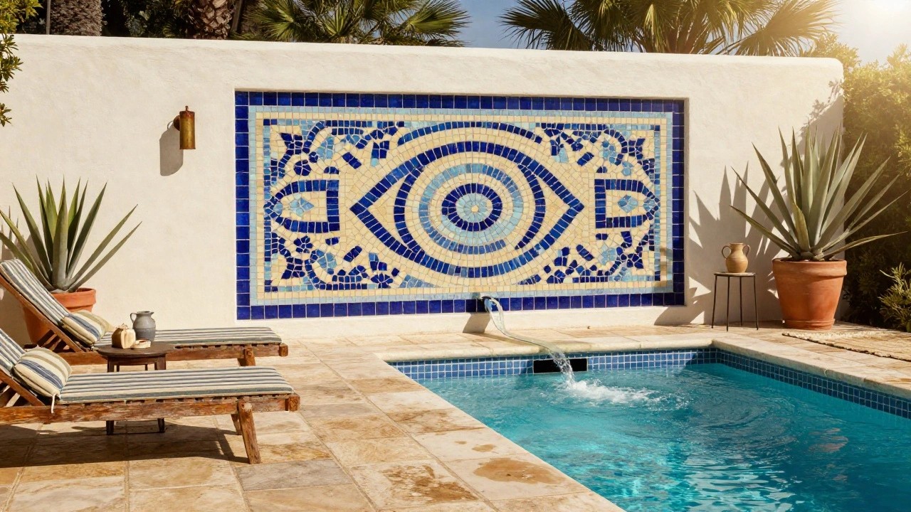 Close view of a narrow pool with blue mosaic tiles forming a yellow wavy sea serpent on the wall, stone decking edge, clear blue water, nearby lounge chairs, potted agave plant, and distant palm trees in sunlight.