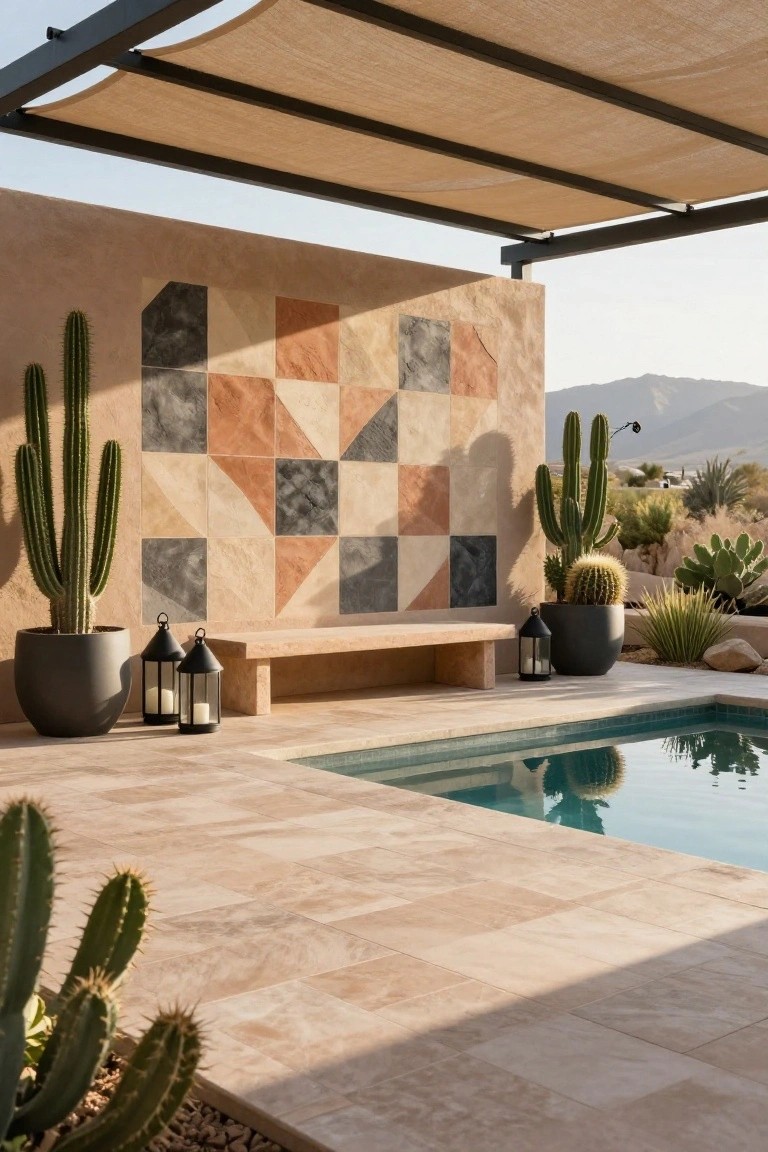 17 Unique Pool Deck Wall Decorating Ideas That Add Visual Interest Outdoor pool deck featuring a beige wall with geometric pattern in rust, gray, and tan tiles, flanked by tall potted cacti, a stone bench, black lanterns, and a turquoise pool edged in light travertine tiles under a beige fabric shade canopy with desert landscape in the background.