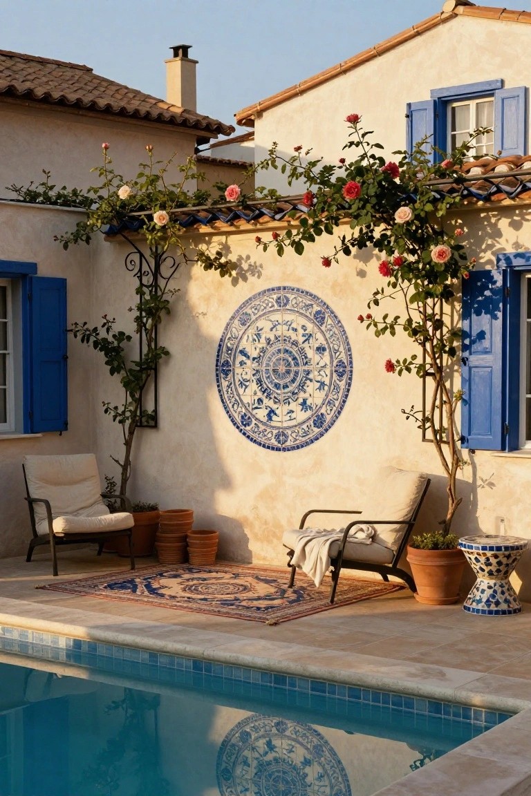 Pool deck with two beige lounge chairs on a patterned rug, terracotta pots, climbing roses on a metal trellis around a large blue ornate ceramic tile medallion on a white stucco wall, blue shutters on adjacent windows, and a blue-tiled pool.