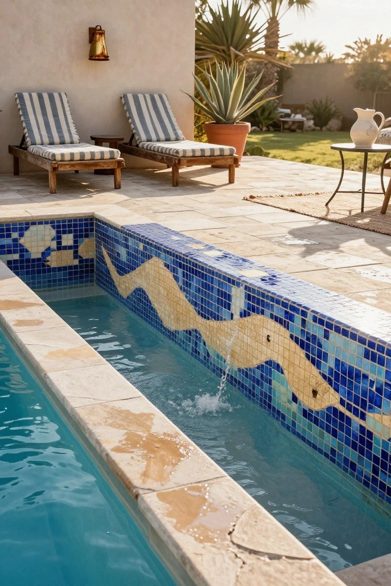 17 Unique Pool Deck Wall Decorating Ideas That Add Visual Interest Close view of a narrow pool with blue mosaic tiles forming a yellow wavy sea serpent on the wall, stone decking edge, clear blue water, nearby lounge chairs, potted agave plant, and distant palm trees in sunlight.