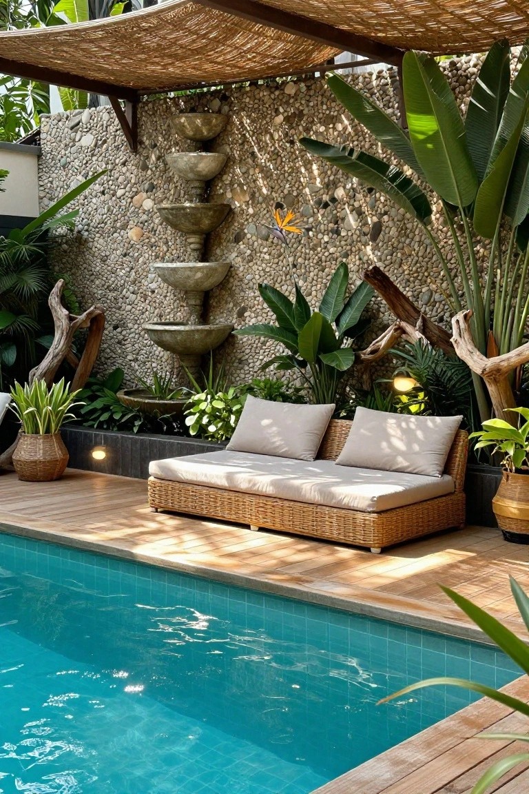 17 Unique Pool Deck Wall Decorating Ideas That Add Visual Interest Wooden deck beside turquoise pool with rattan daybed, tropical plants including palms and ferns, pebble wall holding tiered terracotta bowl fountain, and driftwood elements.