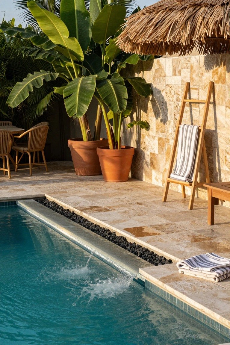 Wooden ladder holding striped towels against a beige stone wall on a pool deck with turquoise water, black pebble edging, large potted banana plants, outdoor wicker chairs, and a thatched roof overhang.
