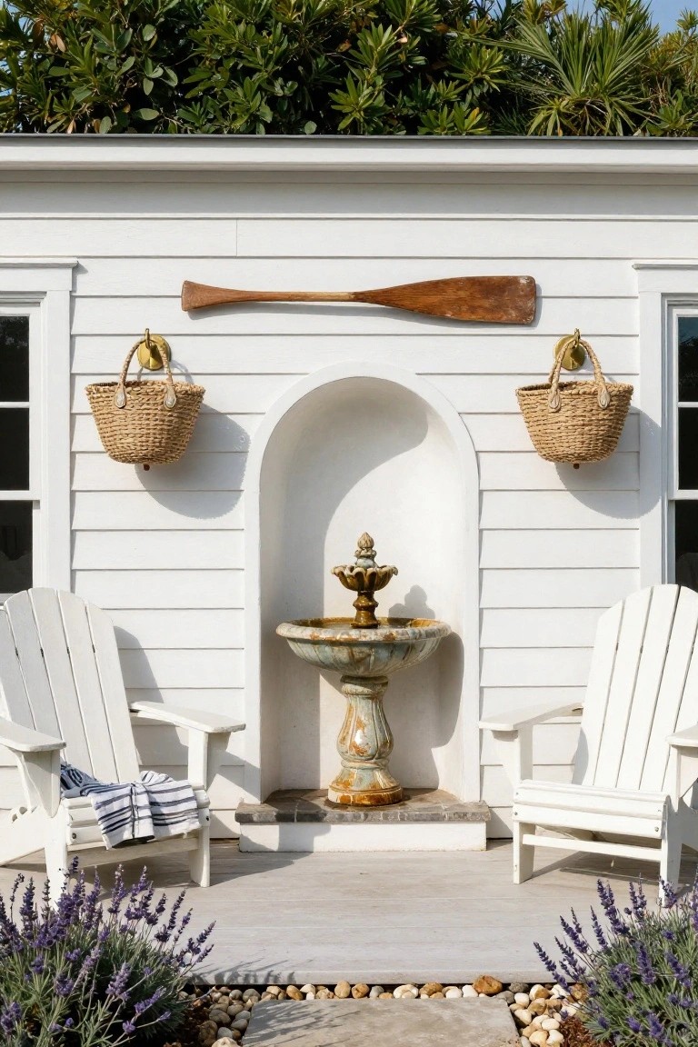 17 Unique Pool Deck Wall Decorating Ideas That Add Visual Interest White clapboard wall of a pool house featuring a wooden oar mounted horizontally, two hanging wicker baskets, an arched niche with a stone fountain, two white Adirondack chairs on a porch deck, lavender plants, and pebble ground cover.
