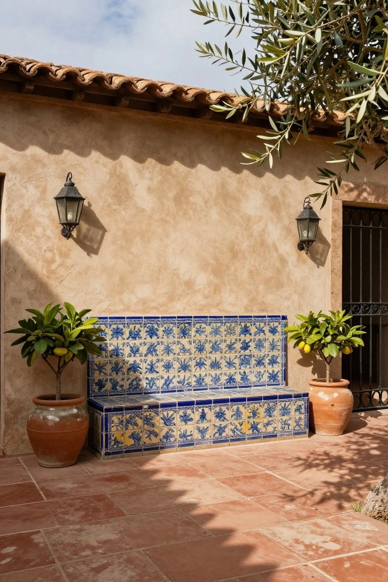 Beige stucco wall on a terracotta tile patio featuring a built-in blue and yellow floral tiled bench flanked by two terracotta pots with lemon trees, wall lanterns, wrought iron gate, and olive tree branches overhead.