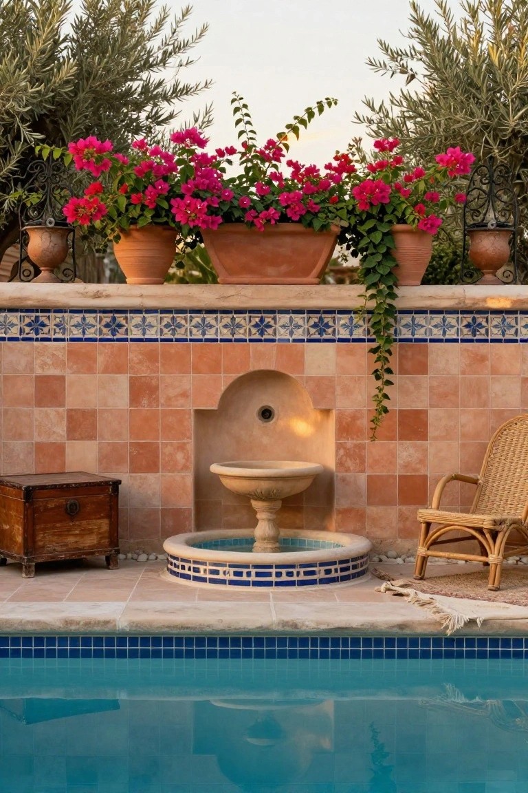 17 Unique Pool Deck Wall Decorating Ideas That Add Visual Interest Pool deck with terracotta tiled wall featuring blue and white decorative border tiles, arched stone fountain niche with basin, potted red bougainvillea plants, olive trees, wicker chair, wooden box, and blue pool water in foreground.