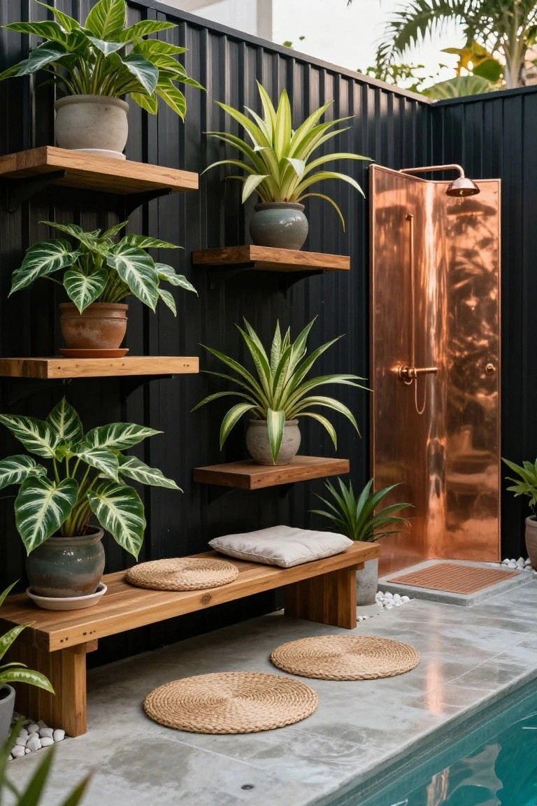 Black corrugated metal fence wall on a pool deck with staggered wooden shelves holding various potted green plants including calatheas and spider plants, a copper outdoor shower enclosure, wooden bench with cushions and seagrass placemats on concrete pavers next to a turquoise pool.