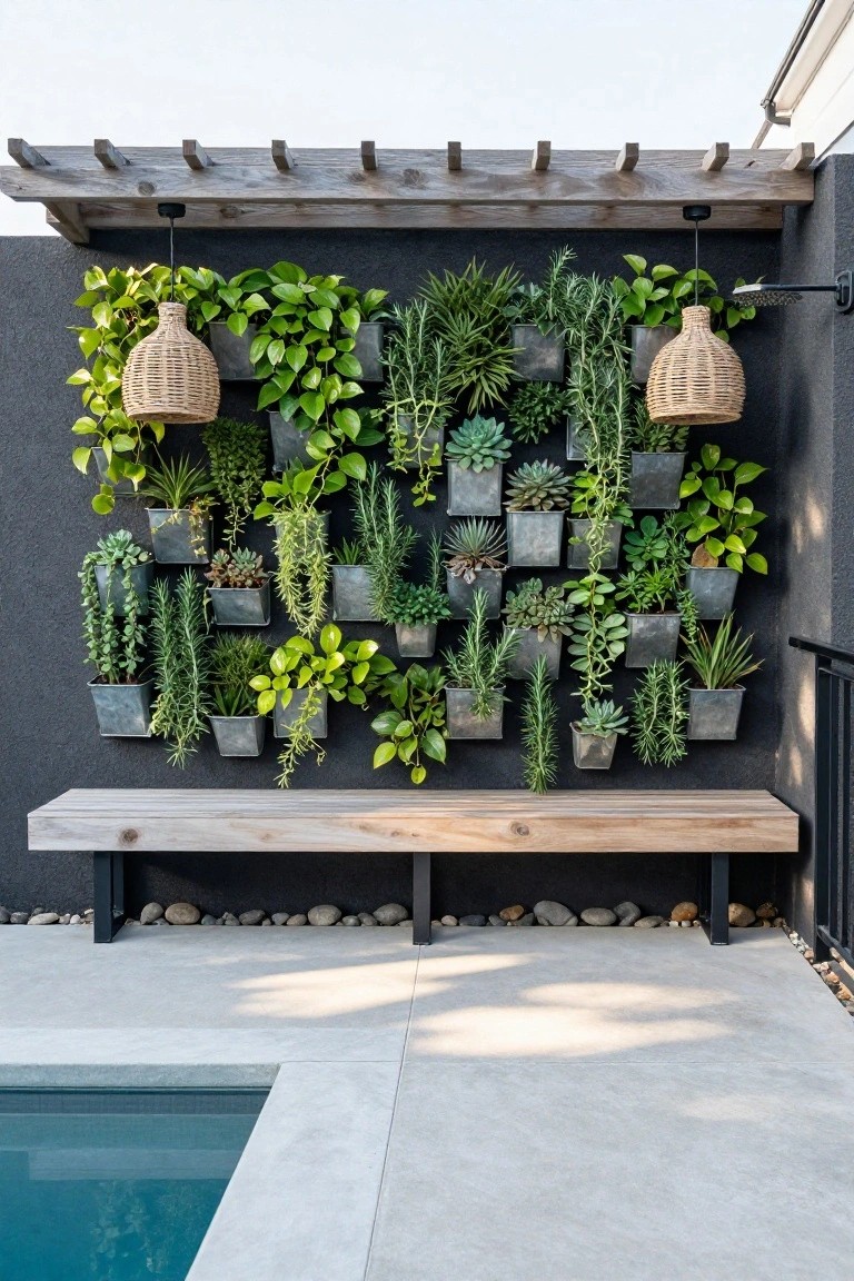 17 Unique Pool Deck Wall Decorating Ideas That Add Visual Interest Dark textured wall next to a pool deck covered in galvanized metal buckets at various heights planted with succulents, herbs, trailing vines, and pothos, with two hanging rattan lanterns, a wooden bench below on pebble ground, and turquoise pool water visible.