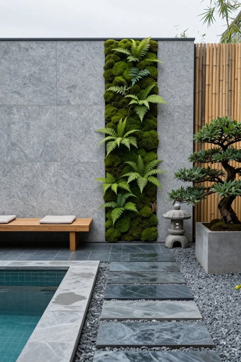 17 Unique Pool Deck Wall Decorating Ideas That Add Visual Interest Gray tiled wall with vertical moss and fern garden next to a turquoise pool, wooden bench, stone lantern, bonsai tree in concrete planter, bamboo fence, and dark stepping stones on gravel.