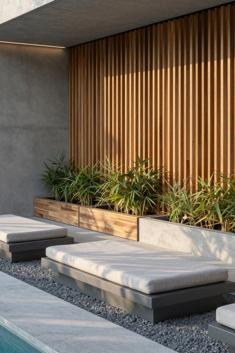 Pool deck area with low beige loungers on concrete pavers, wooden slat wall in background, wooden planters holding green leafy plants, gravel ground cover, and edge of blue pool in foreground.