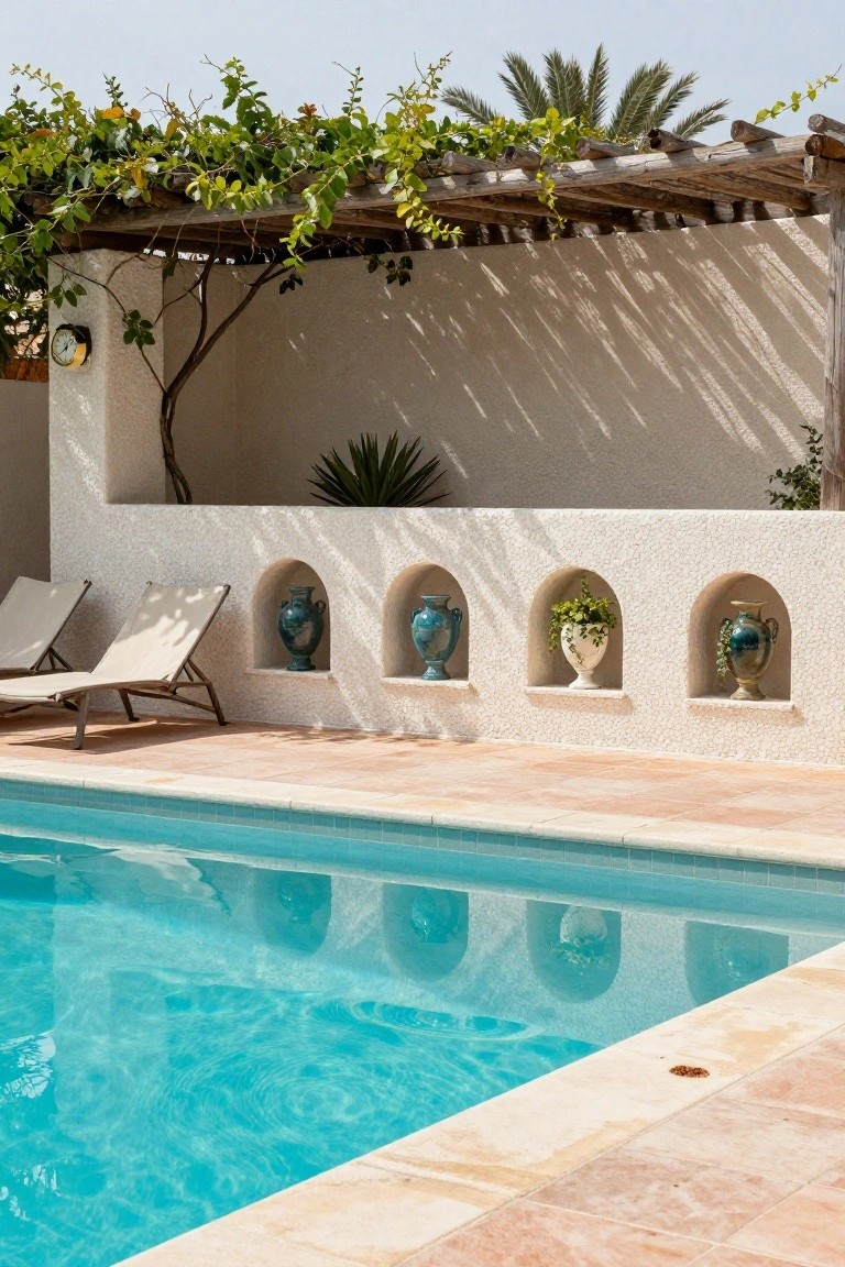 17 Unique Pool Deck Wall Decorating Ideas That Add Visual Interest White stuccoed pool deck wall with three arched niches holding blue-glazed pottery vases and one potted plant, beside a blue swimming pool and two beige lounge chairs under a vine-covered wooden pergola.
