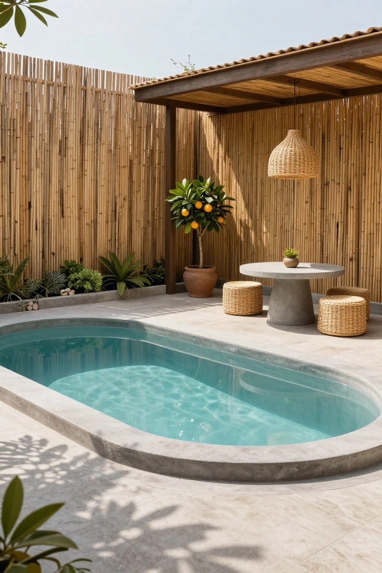 Oval turquoise above-ground pool surrounded by tall bamboo fencing, with potted tropical plants, orange tree in terracotta pot, concrete pedestal table, rattan stools, and wooden pergola with hanging lantern.